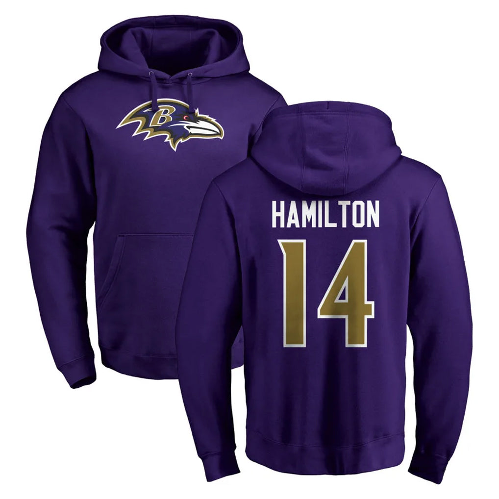 Friene B.Ravens #14 Kyle Hamilton Player Purple Salute to Service Pullover Hoodie Stitched Jerseys