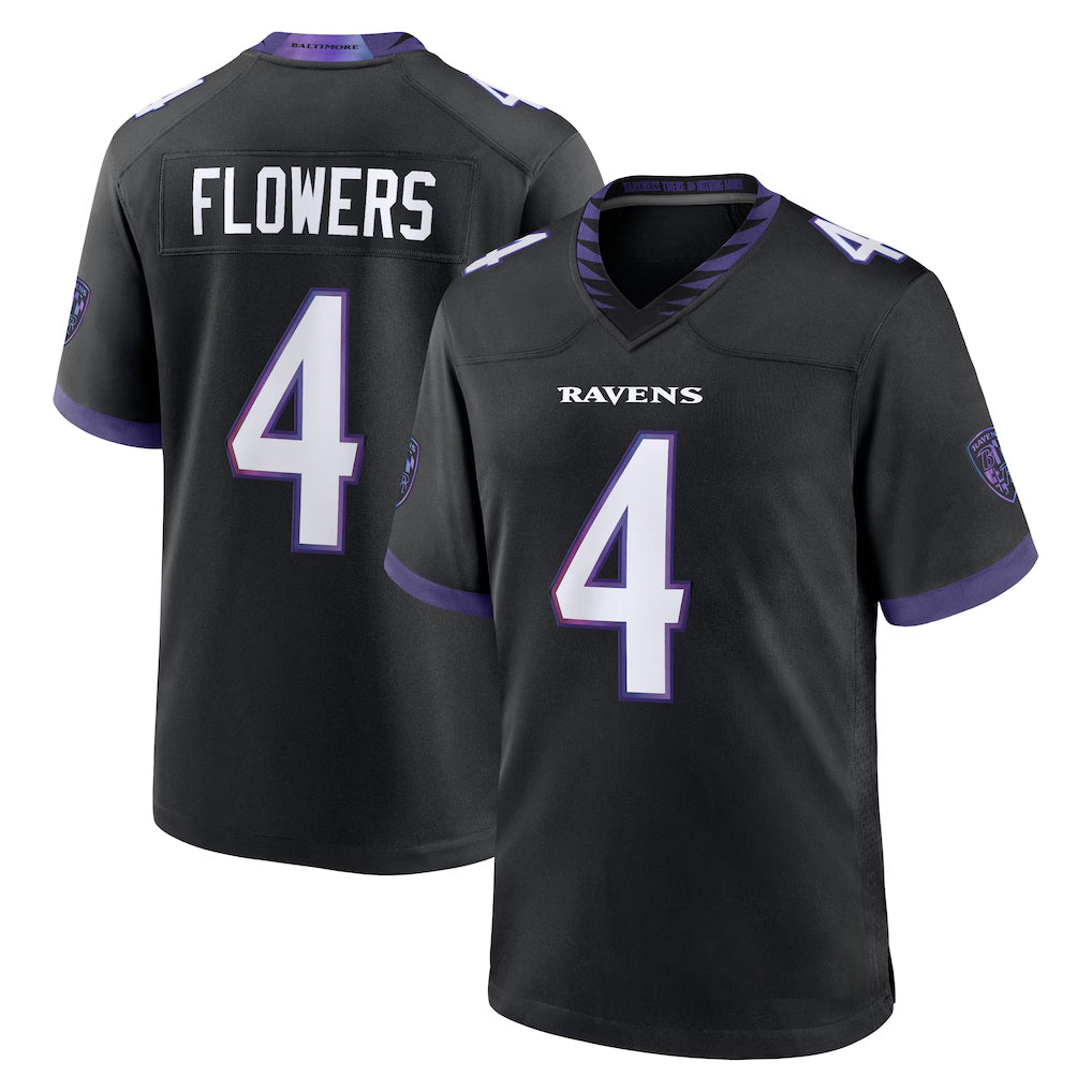 Friene B.Ravens #4 Zay Flowers Player Black Home Game Stitched Jerseys