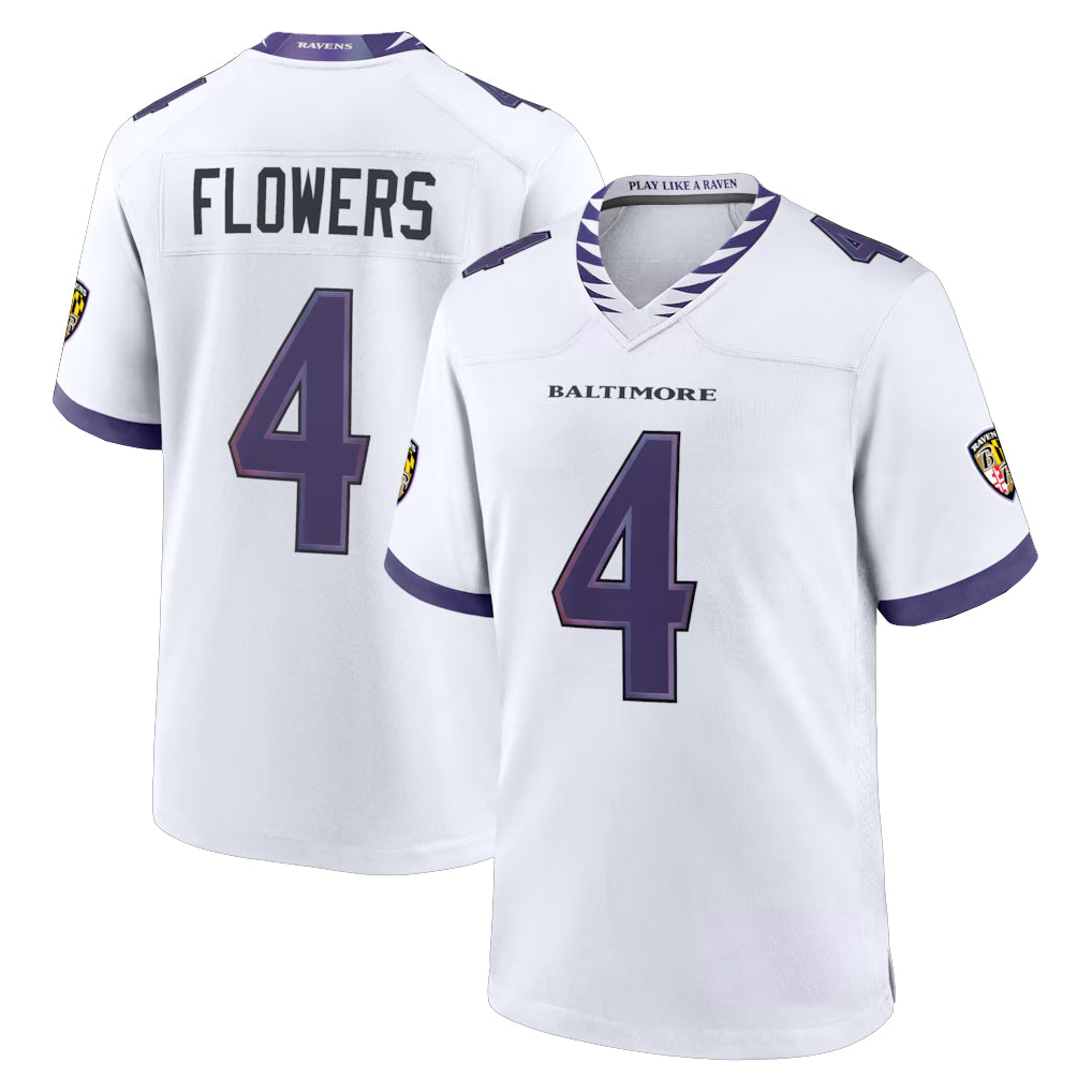 Friene B.Ravens #4 Zay Flowers Player White Home Game Stitched Jerseys