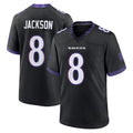 Friene B.Ravens #8 Lamar Jackson Player Black Home Game Stitched Jerseys