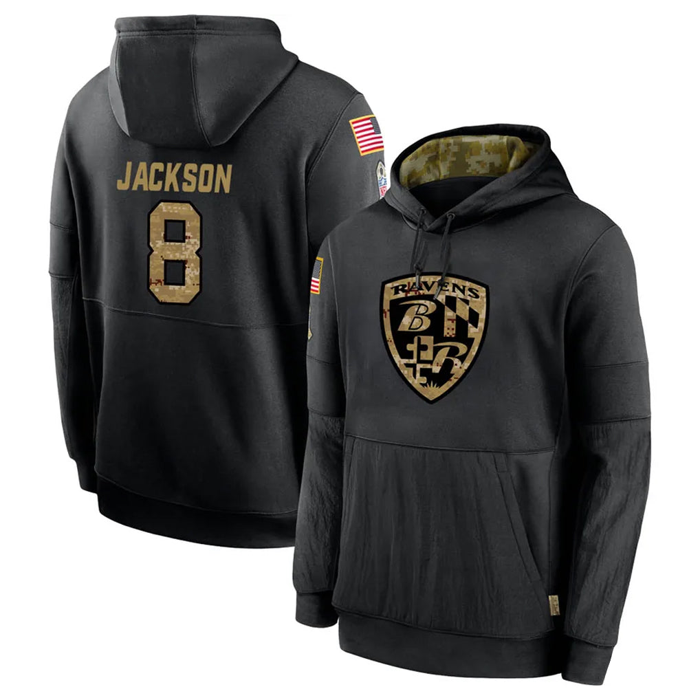 Friene B.Ravens #8 Lamar Jackson Player Black Salute to Service Pullover Hoodie Stitched Jerseys
