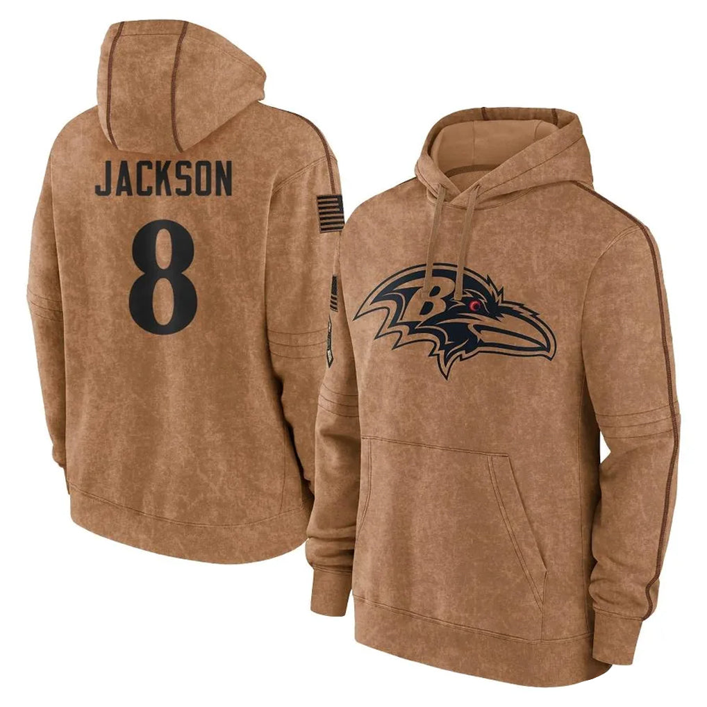 Friene B.Ravens #8 Lamar Jackson Player Brown Salute to Service Pullover Hoodie Stitched Jerseys