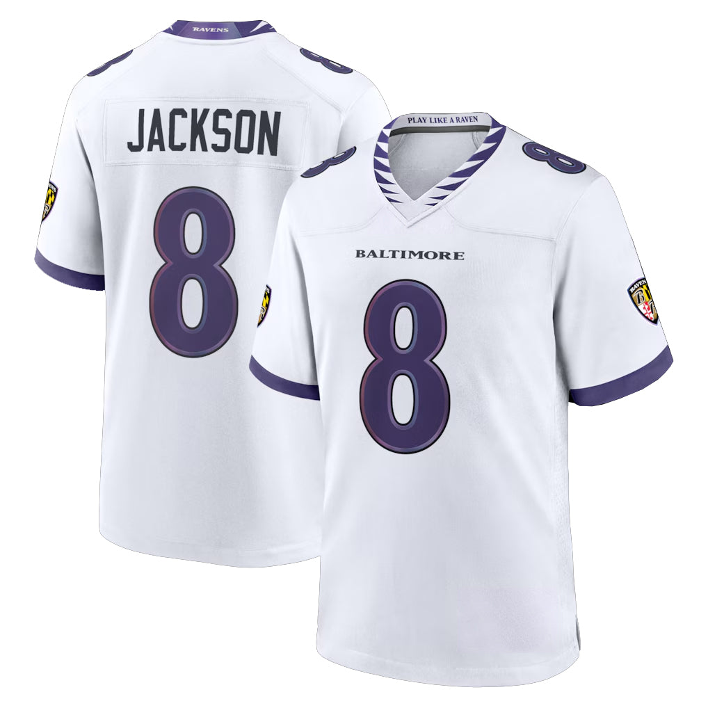 Friene B.Ravens #8 Lamar Jackson Player White Home Game Stitched Jerseys