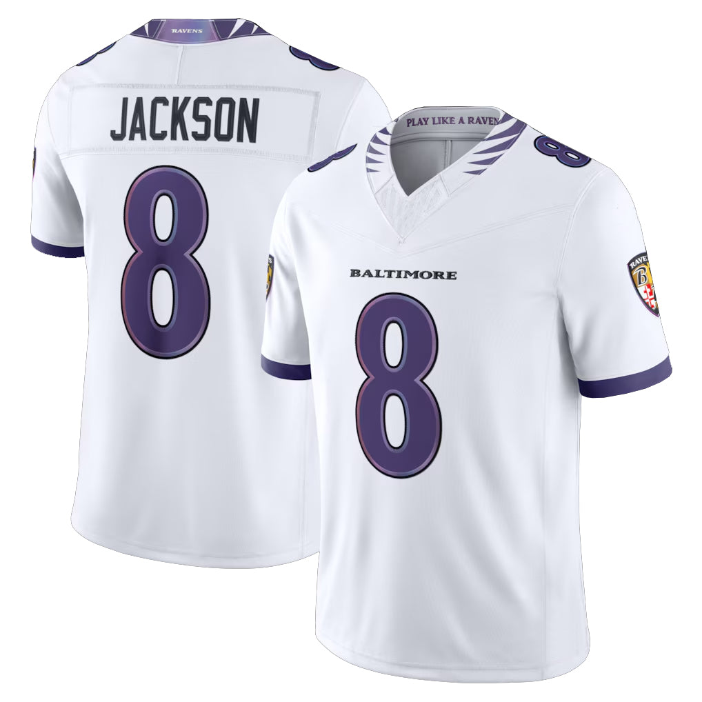 Friene B.Ravens #8 Lamar Jackson Player White Limited Elite Home Game Stitched Jerseys