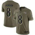 Friene B.Ravens #8 Lamar Jackson Player Olive Salute To Service Stitched Jerseys