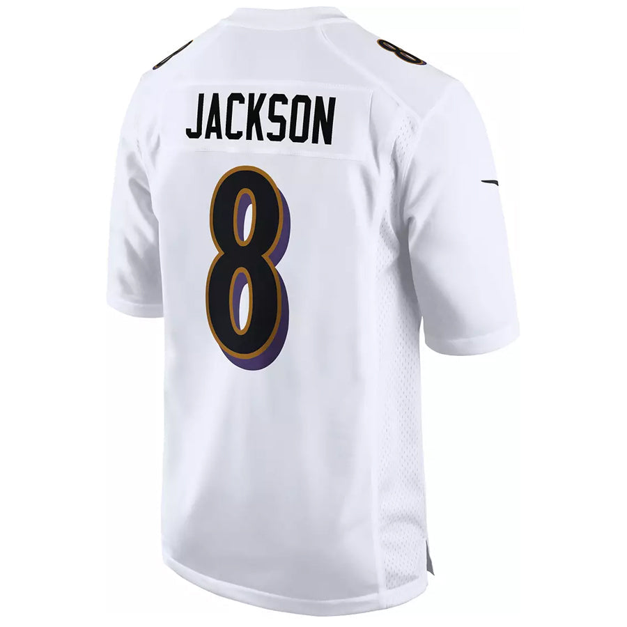 Friene B.Ravens #8 Lamar Jackson Player White Fashion Replica  Stitched Jerseys