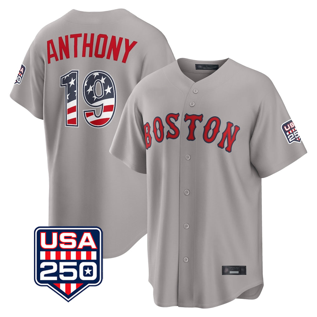Friene B.Red Sox #19 Roman Anthony Player Gray Road USA 250 Fourth of July Home Game Stitched Jerseys