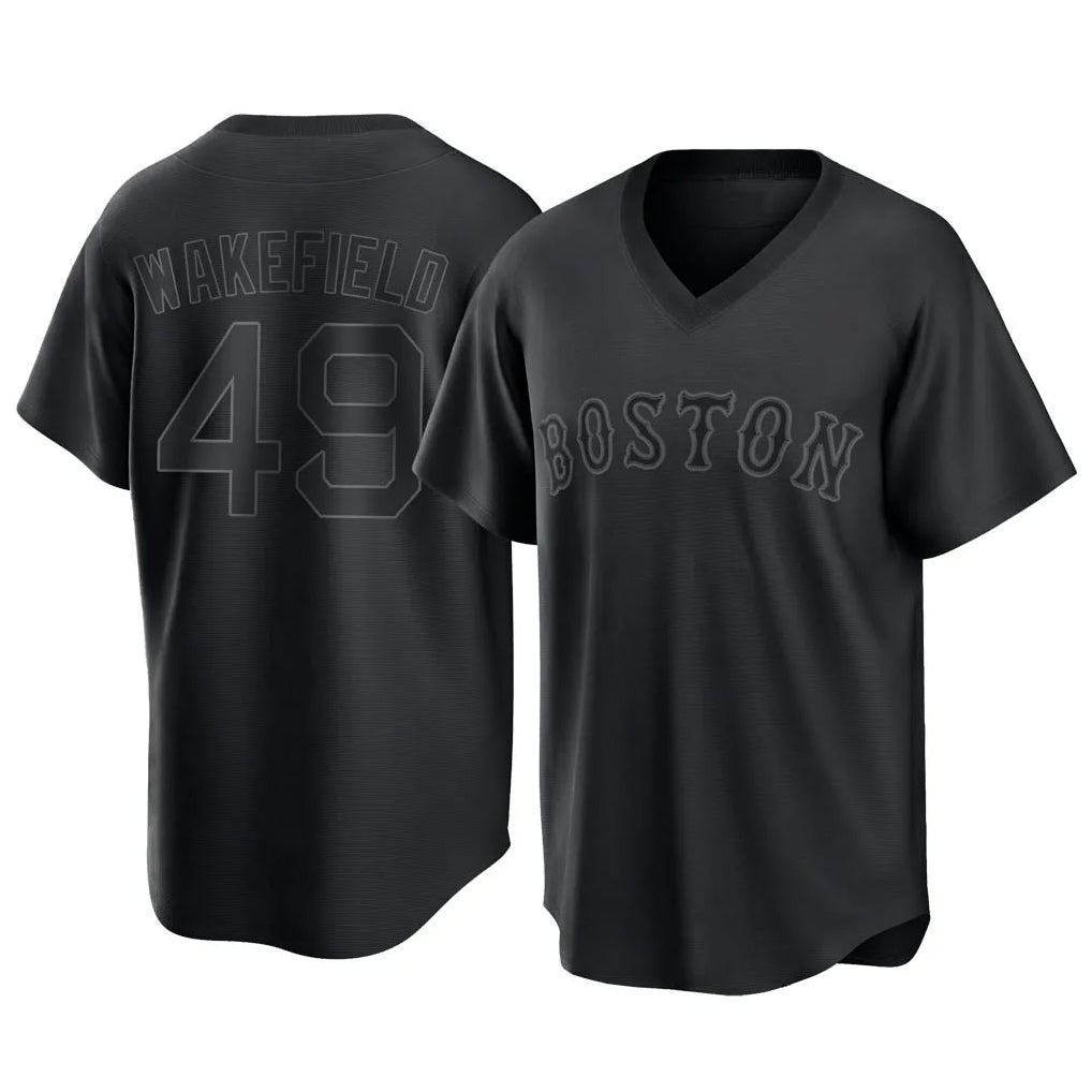 Friene B.Red Sox #49 Tim Wakefield Player Black T-shirt Home Game Stitched Jerseys