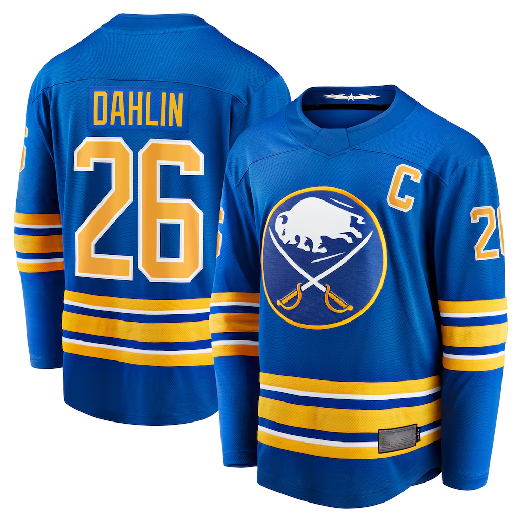 Friene B.Sabres #26 Rasmus Dahlin Royal Home Captain Patch Breakaway Stitched Jerseys