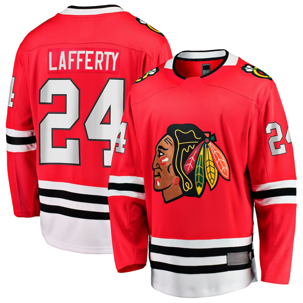Friene C.Blackhawks #24 Sam Lafferty Red Home Breakaway Jerseys