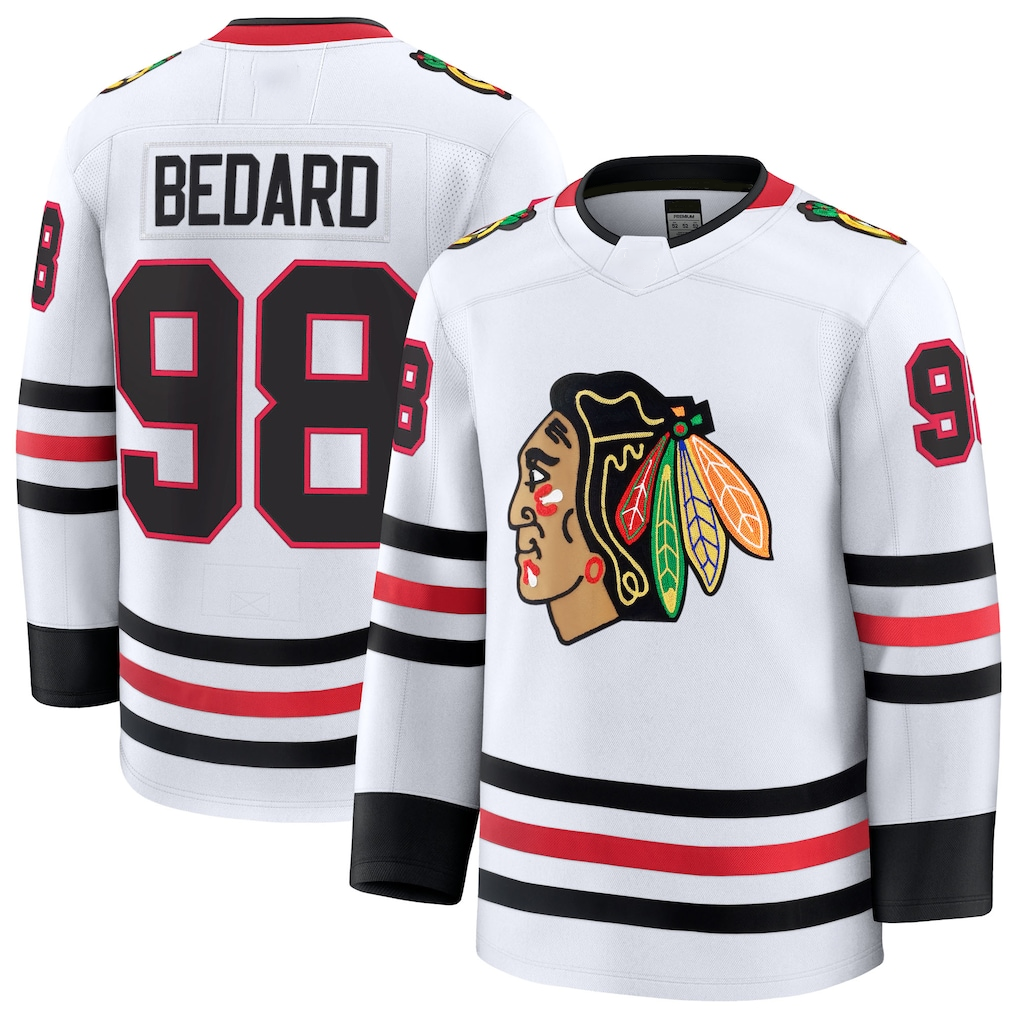 Friene C.Blackhawks #98 Connor Bedard White Away Premium Jerseys