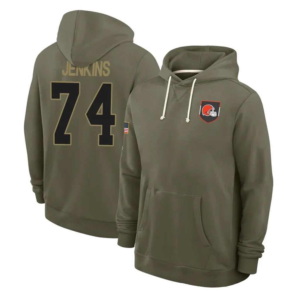 Friene C.Browns #74 Elgton Jenkins Player Olive Salute to Service Pullover Hoodies Limited Stitched Jerseys