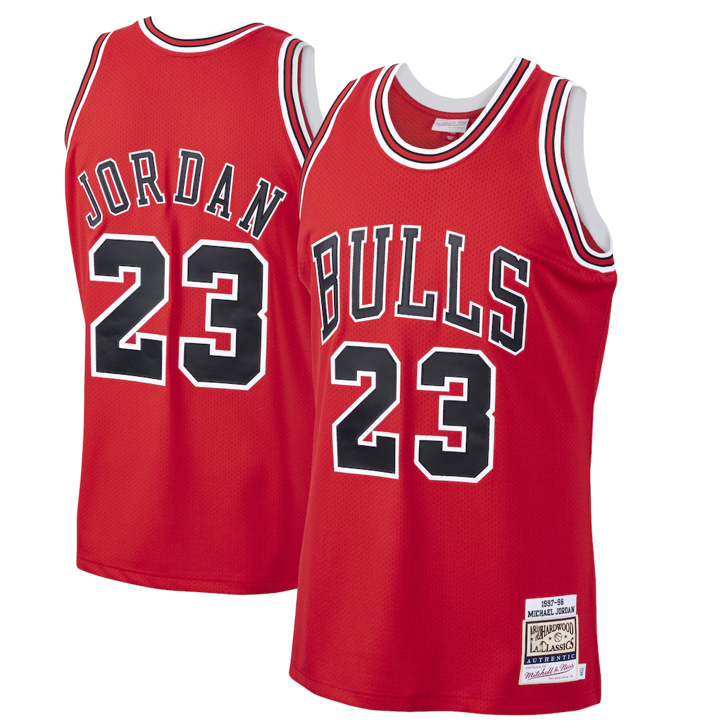 Friene C.Bulls #23 Michael Jordan Mitchell & Ness Scarlet 199798 Hardwood Classics Authentic Jerseys