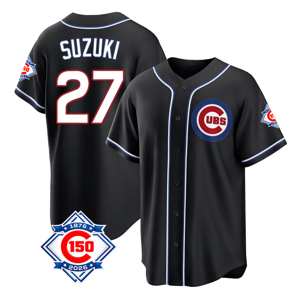 Friene C.Cubs #27 Seiya Suzuki Player Black Fashion Out 150th Anniversary Game Stitched Jerseys