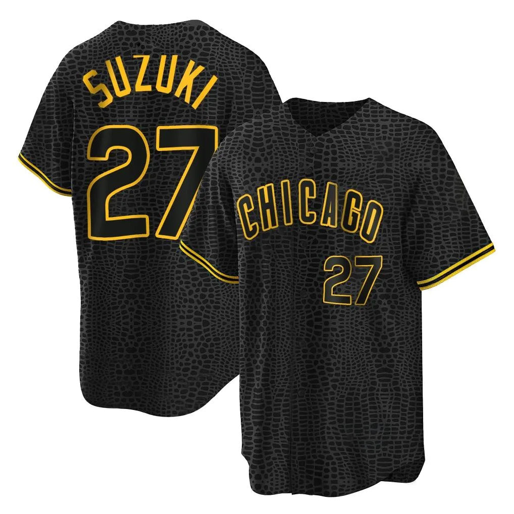 Friene C.Cubs #27 Seiya Suzuki Player Black Snake Skin City Game Stitched Jerseys