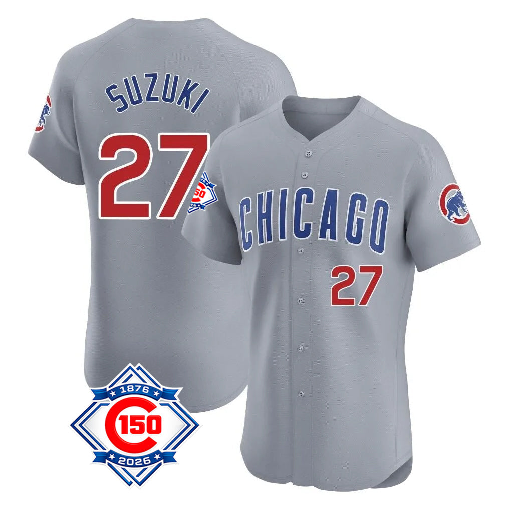 Friene C.Cubs #27 Seiya Suzuki Player Gray Road 150th Anniversary Limited Elite Home Stitched Jerseys