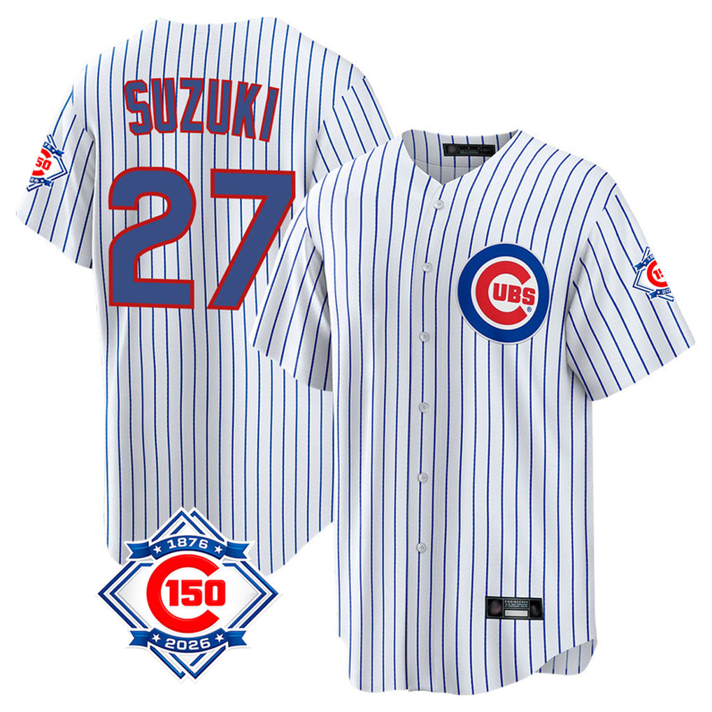 Friene C.Cubs #27 Seiya Suzuki Player White 150th Anniversary Home Game Stitched Jerseys