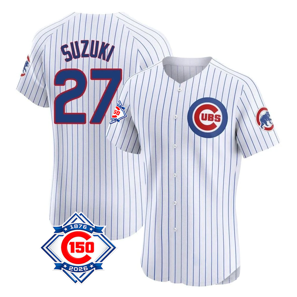 Friene C.Cubs #27 Seiya Suzuki Player White 150th Anniversary Limited Elite Home Game Stitched Jerseys