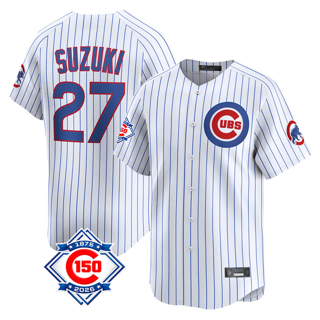 Friene C.Cubs #27 Seiya Suzuki Player White 150th Anniversary Limited Home Game Stitched Jerseys