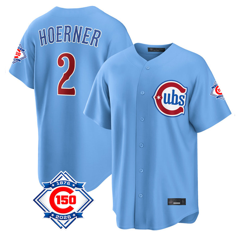 Friene C.Cubs #2 Nico Hoerner Player Light Blue 150th Anniversary Home Game Stitched Jerseys