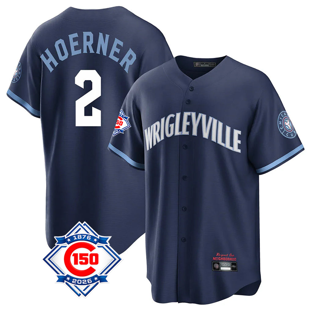 Friene C.Cubs #2 Nico Hoerner Player Navy 150th Anniversary City Connect Home Game Stitched Jerseys