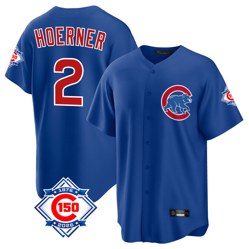 Friene C.Cubs #2 Nico Hoerner Player Royal 150th Anniversary Home Game Stitched Jerseys