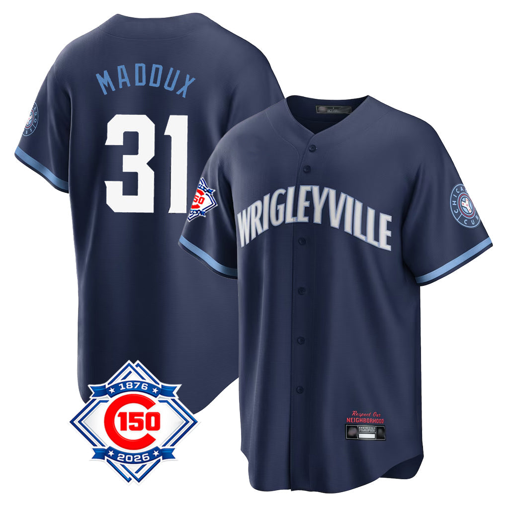 Friene C.Cubs #31 Greg Maddux Player Navy 150th Anniversary City Connect Home Game Stitched Jerseys