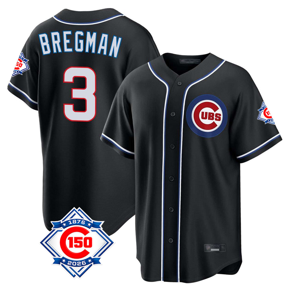 Friene C.Cubs #3 Alex Bregman Player Black Fashion Out 150th Anniversary Game Stitched Jerseys