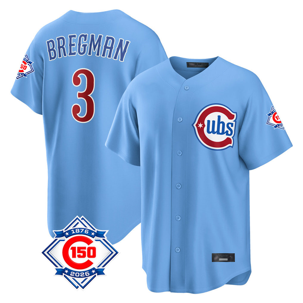 Friene C.Cubs #3 Alex Bregman Player Light Blue 150th Anniversary Home Game Stitched Jerseys