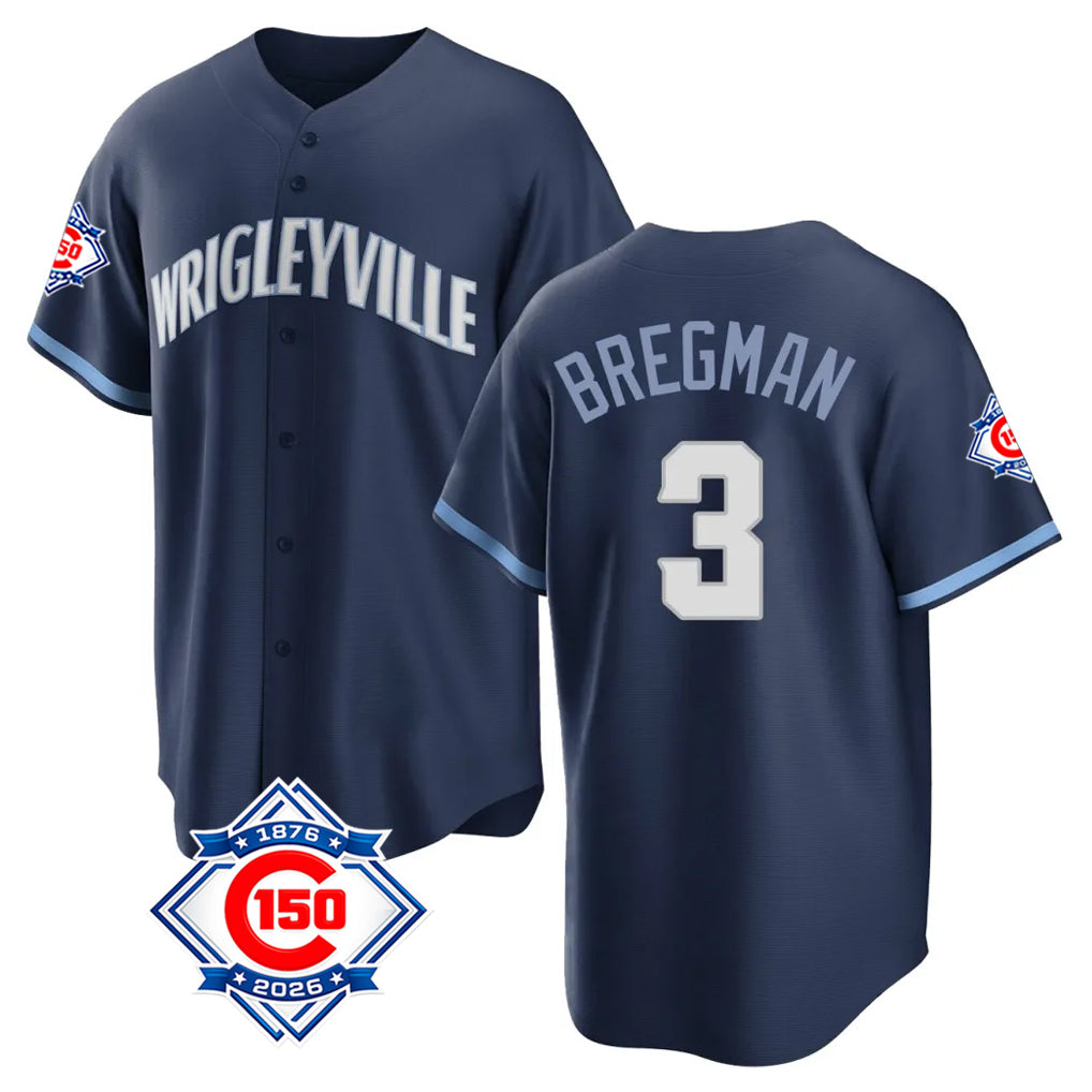 Friene C.Cubs #3 Alex Bregman Player Navy 150th Anniversary City Connect Home Game Stitched Jerseys