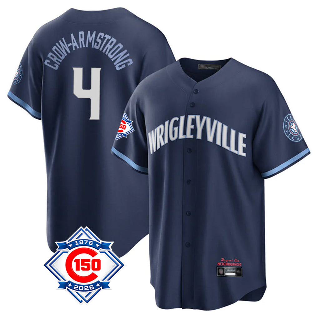 Friene C.Cubs #4 Pete Crow-Armstrong Player Navy 150th Anniversary City Connect Home Game Stitched Jerseys