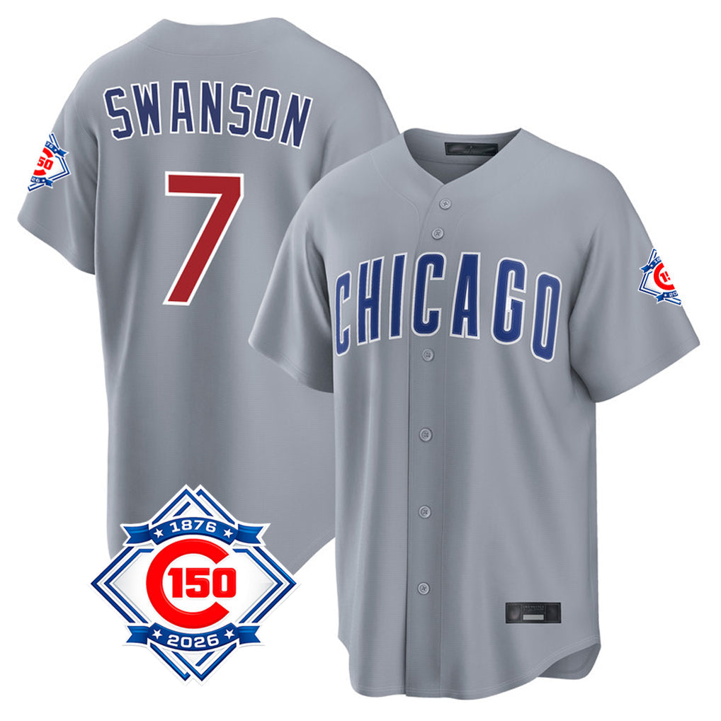 Friene C.Cubs #7 Dansby Swanson Player Gray 150th Anniversary Home Game Stitched Jerseys