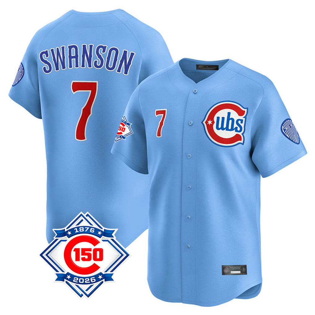 Friene C.Cubs #7 Dansby Swanson Player Light Blue 150th Anniversary Limited Home Stitched Jerseys