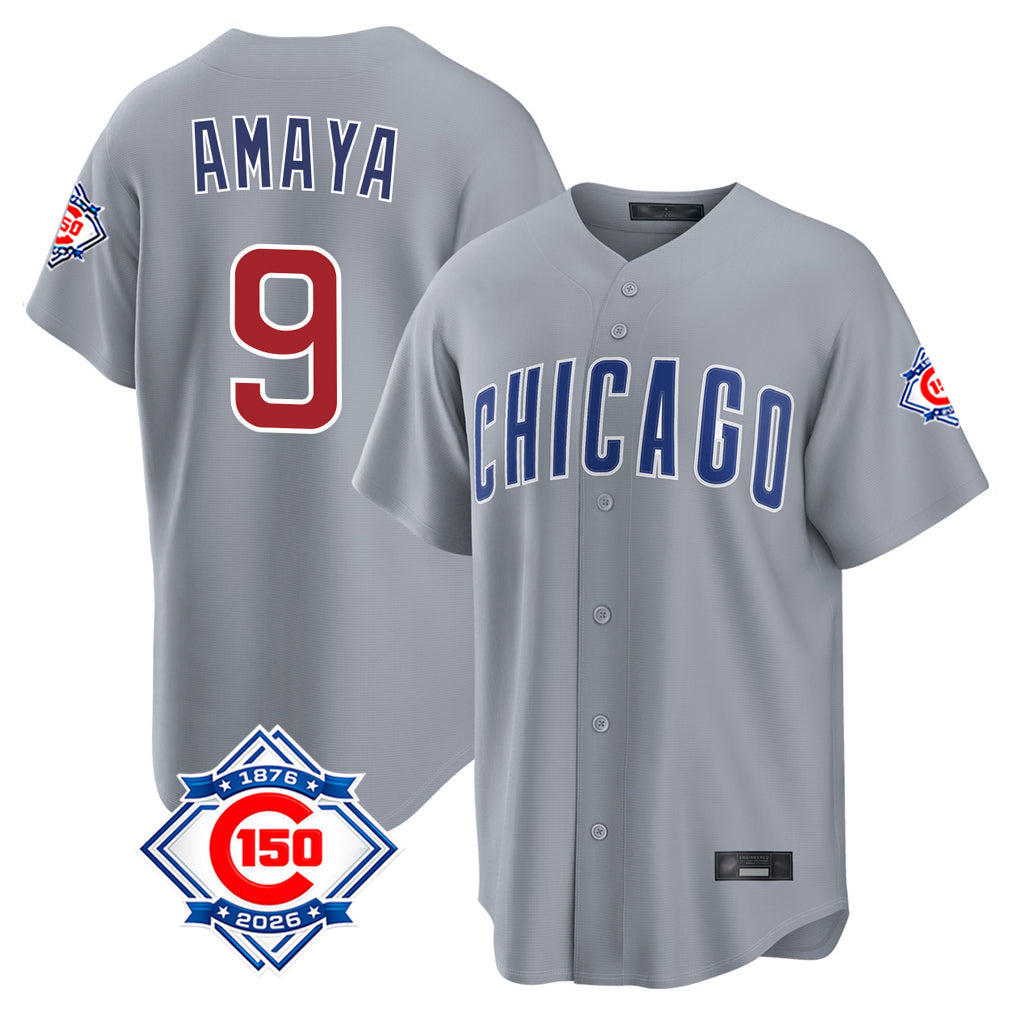 Friene C.Cubs #9 Miguel Amaya Player Gray 150th Anniversary Home Game Stitched Jerseys