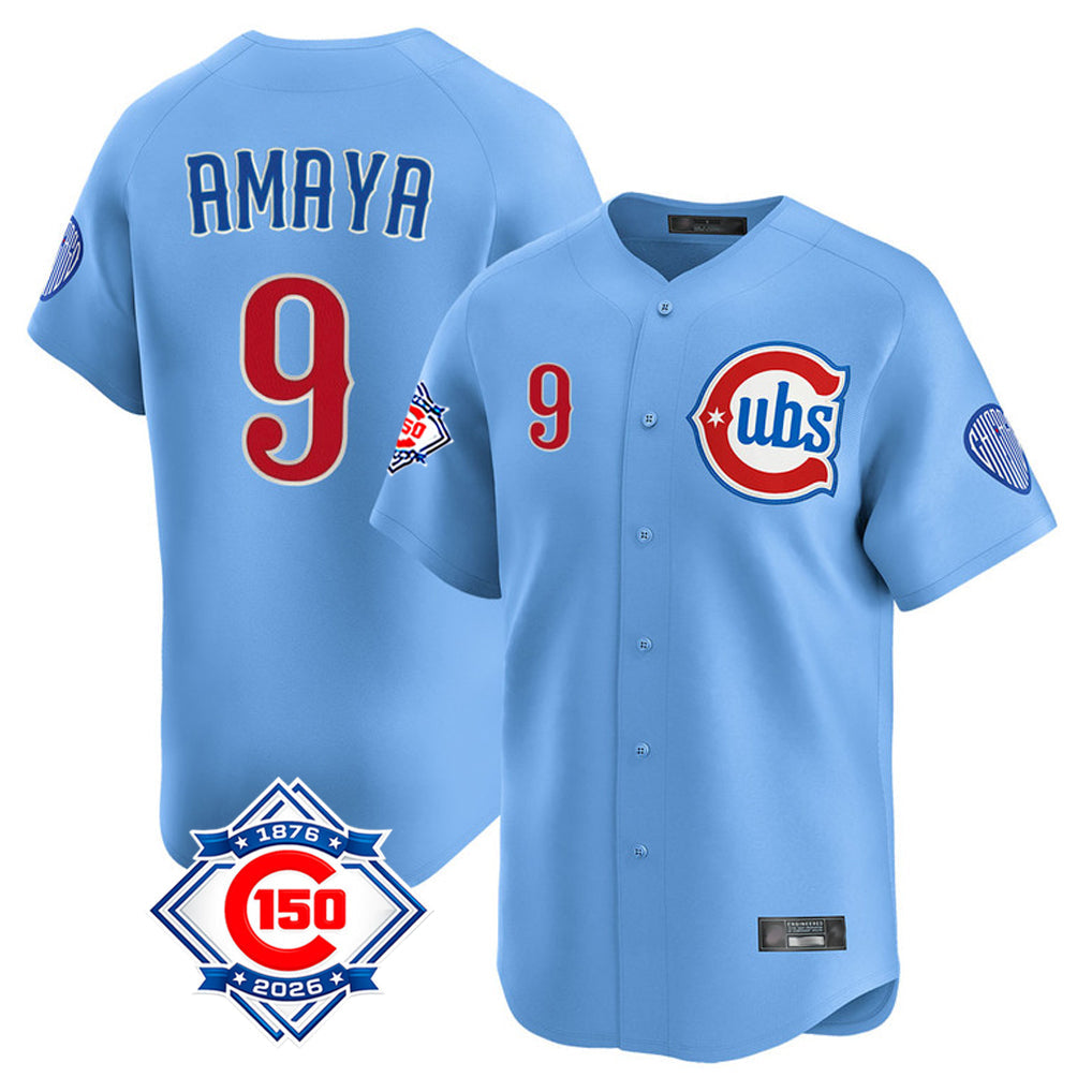 Friene C.Cubs #9 Miguel Amaya Player Light Blue 150th Anniversary Limited Home Stitched Jerseys