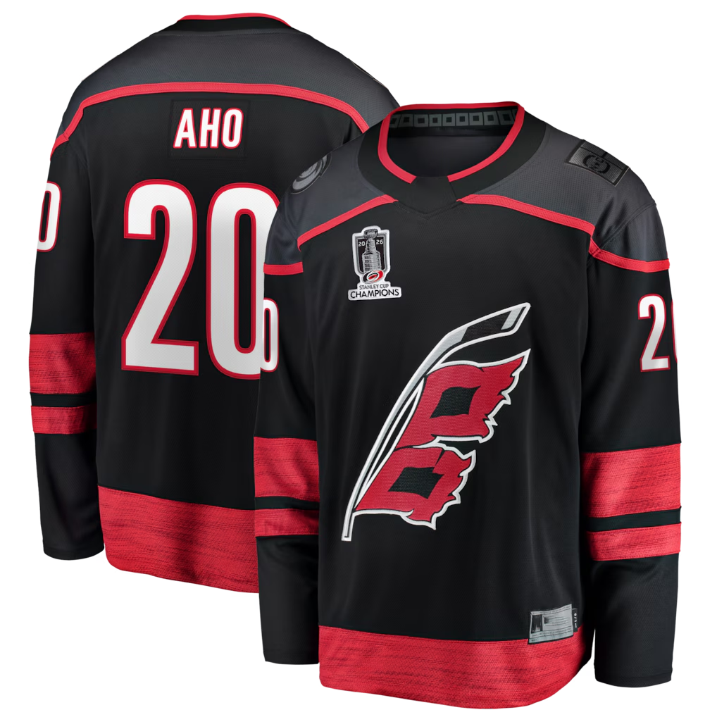 Friene C.Hurricanes #20 Sebastian Aho Black 2026 Stanley Cup Champions Home Breakaway Stitched Jerseys