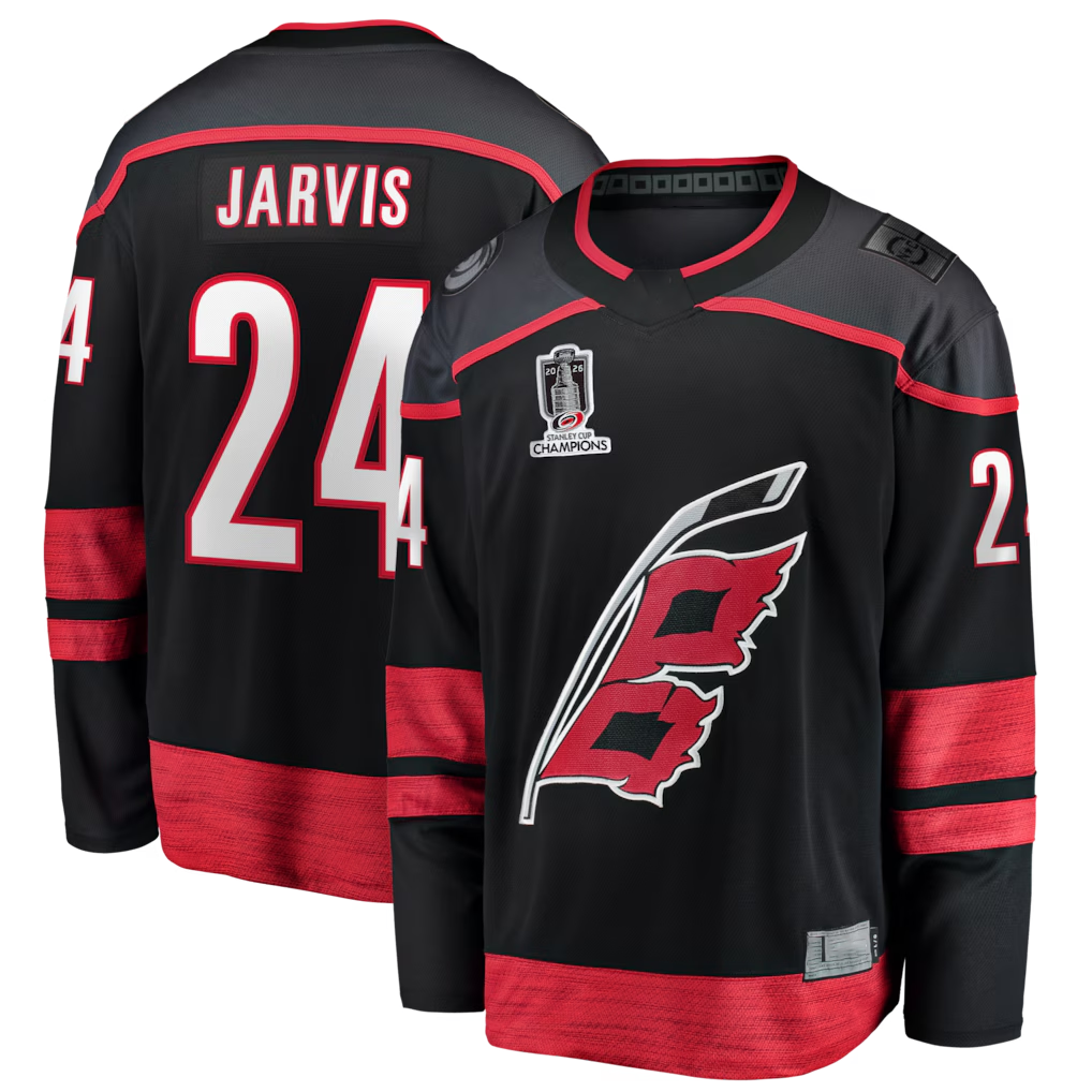 Friene C.Hurricanes #24 Seth Jarvis Black 2026 Stanley Cup Champions Home Breakaway Stitched Jerseys