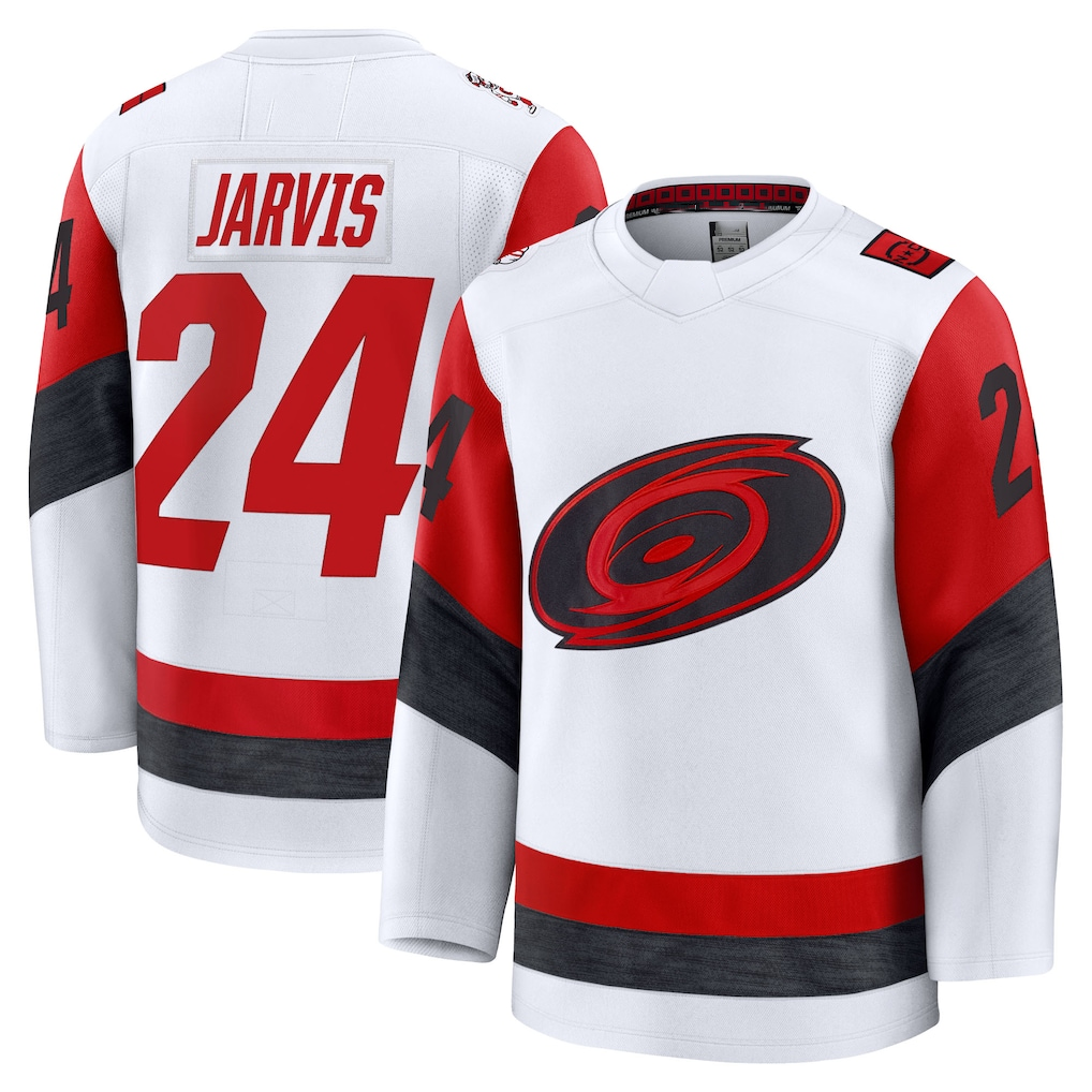 Friene C.Hurricanes #24 Seth Jarvis White Away Premium Stitched Jerseys