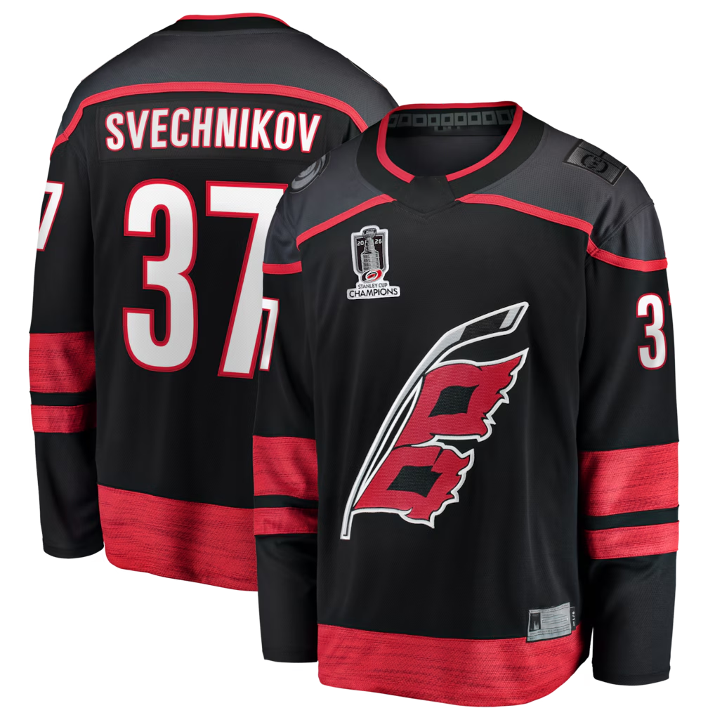 Friene C.Hurricanes #37 Andrei Svechnikov Black 2026 Stanley Cup Champions Home Breakaway Stitched Jerseys