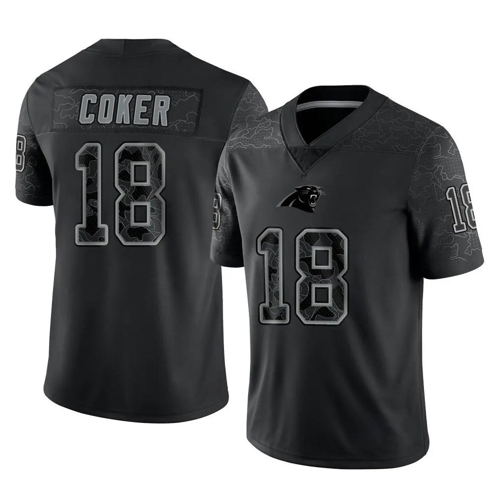 Friene C.Panthers #18 Jalen Coker Player Black Limited Reflective Game Stitched Jerseys
