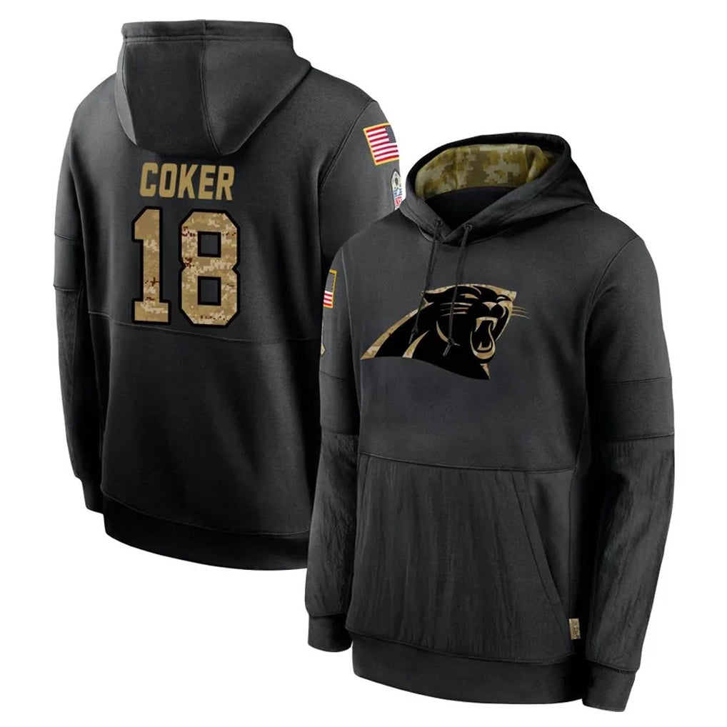 Friene C.Panthers #18 Jalen Coker Player Black Salute to Service Pullover Hoodies Limited Game Stitched Jerseys