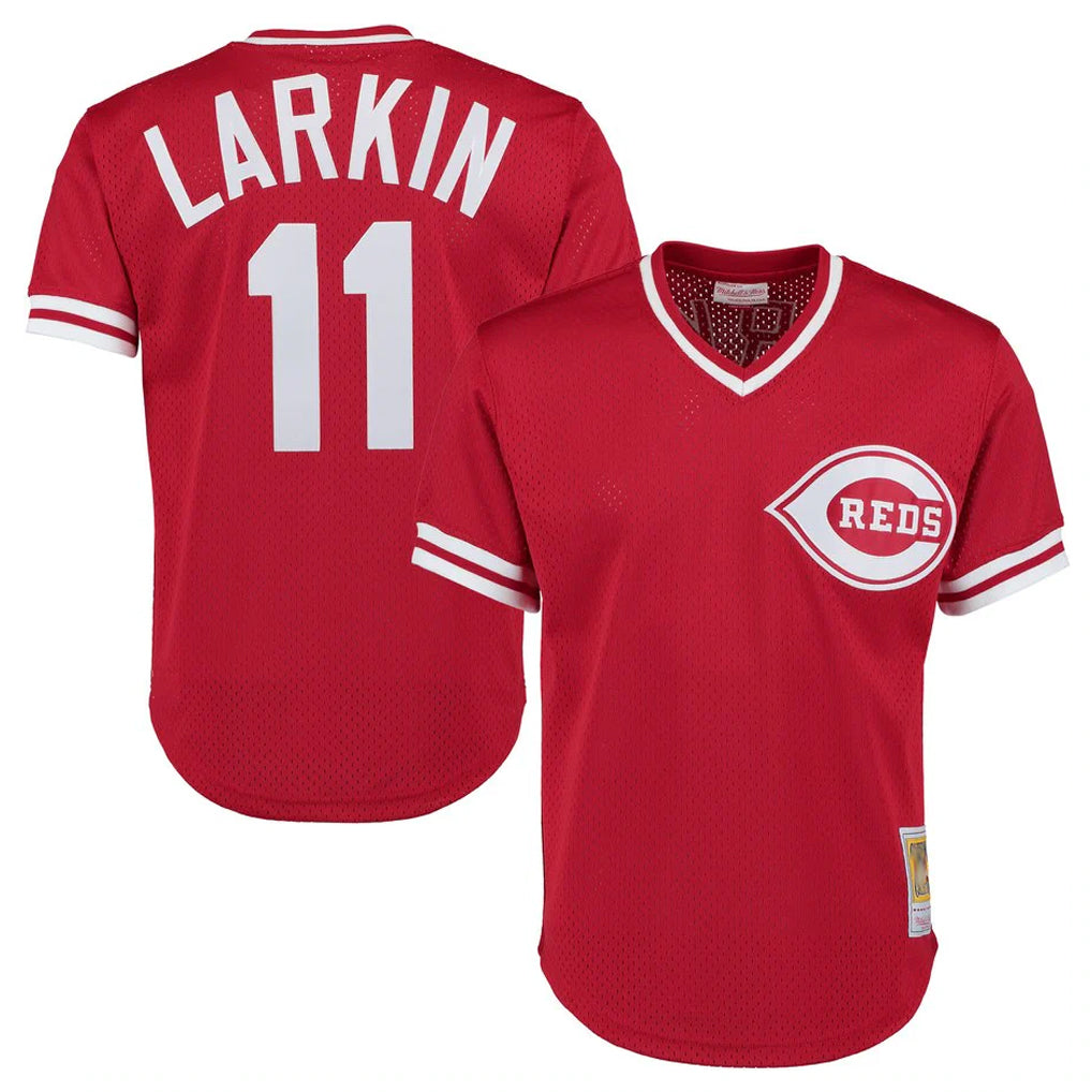 Friene C.Reds #11 Barry Larkin Player Mitchell & Ness Red Throwback Cooperstown Mesh T-shirt Game Stitched Jerseys