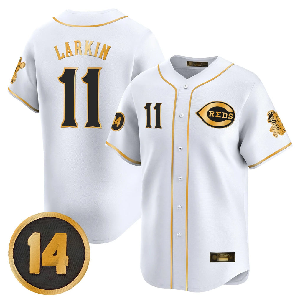Friene C.Reds #11 Barry Larkin Player White-Gold Vapor Premier Limited Home Stitched Jerseys