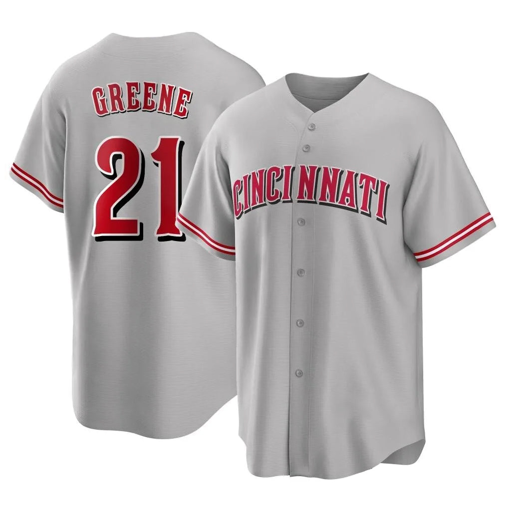 Friene C.Reds #21 Hunter Greene Player Gray Home Game Stitched Jerseys