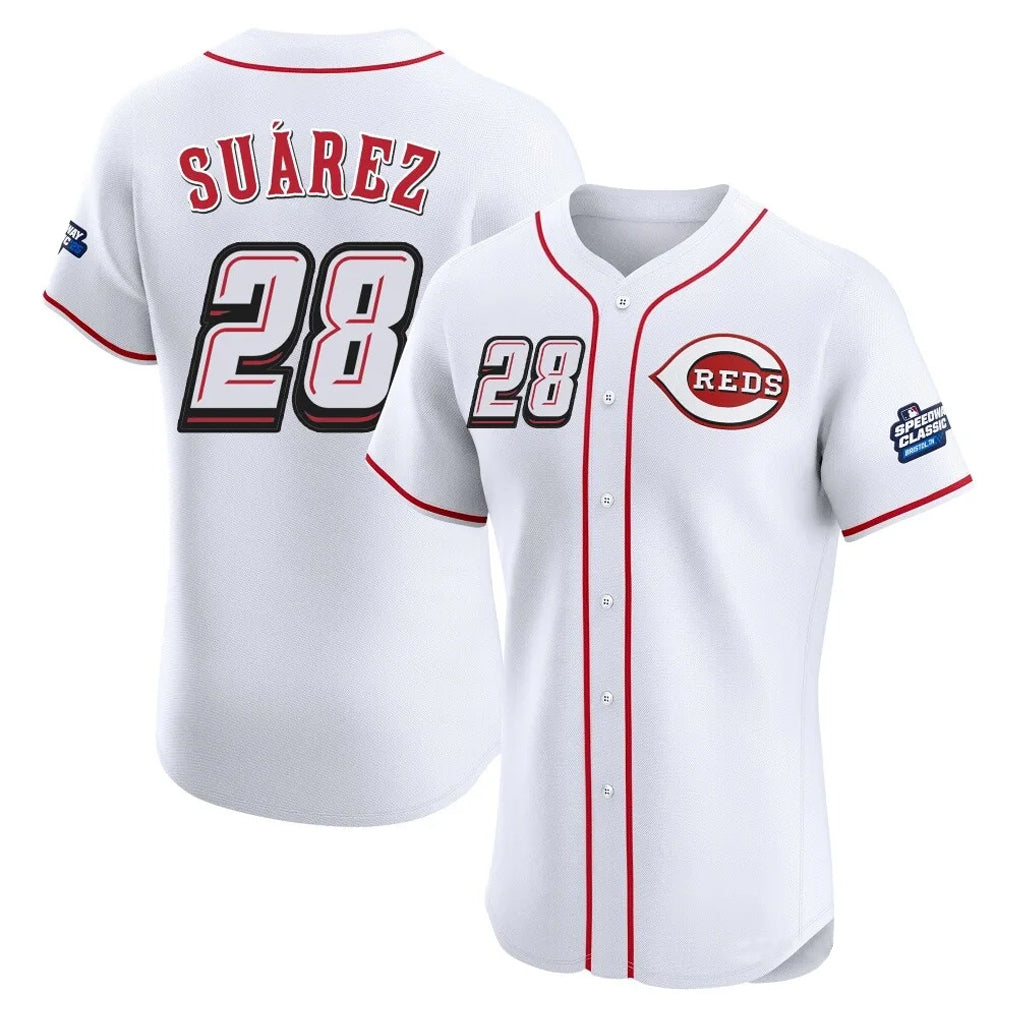 Friene C.Reds #28 Eugenio Su¨¢rez Player White Speedway Classic Limited Elite Home Stitched Jerseys
