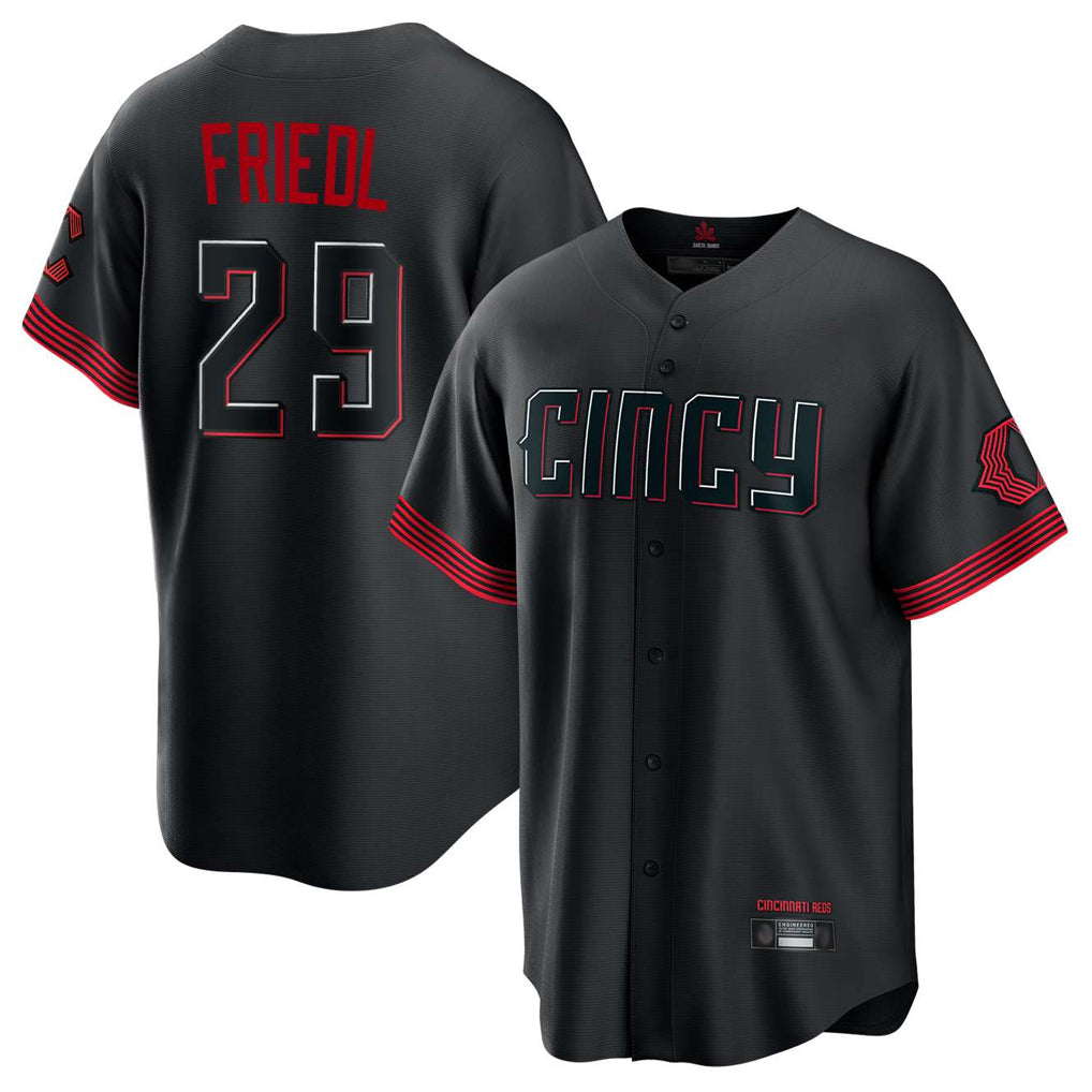 Friene C.Reds #29 TJ Friedl Player Black City Connect Home Game Stitched Jerseys