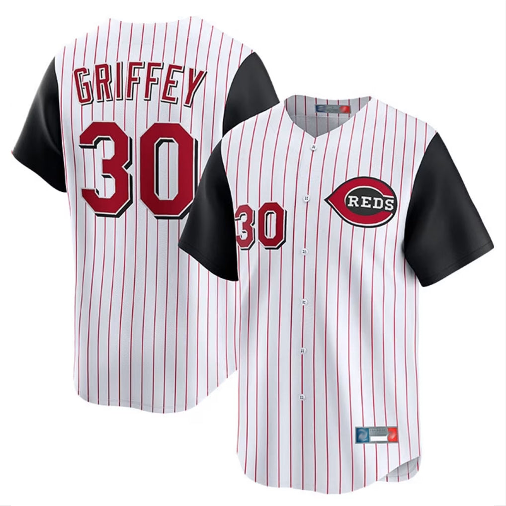 Friene C.Reds #30 Ken Griffey Player White Black Stripe Field of Dreams Game Home Stitched Jerseys