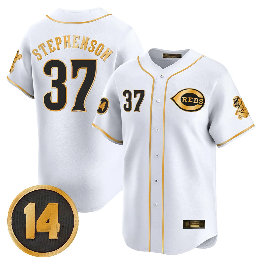 Friene C.Reds #37 Tyler Stephenson Player White-Gold Vapor Premier Limited Home Stitched Jerseys