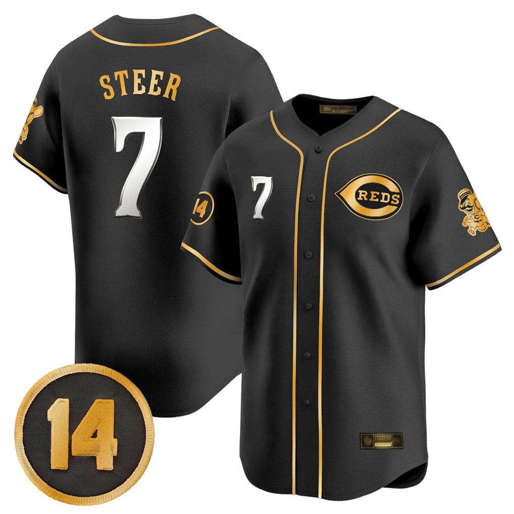 Friene C.Reds #7 Spencer Steer Player Black-Gold Vapor Premier Limited Home Stitched Jerseys