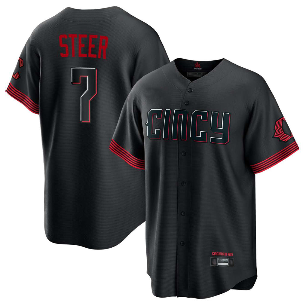 Friene C.Reds #7 Spencer Steer Player Black City Connect Home Game Stitched Jerseys